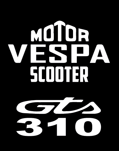 Schwarzes Vespa Motor Scooter GTS 310 Emblem mit weißem Schriftzug und sportlichem Design
