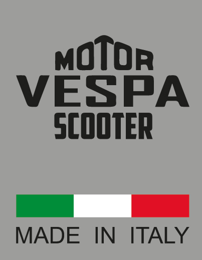 Graues Vespa Motor Scooter Made in Italy Emblem mit schwarzem Schriftzug und italienischer Flagge
