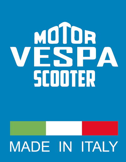 Blaues Vespa Motor Scooter Made in Italy Emblem mit weißem Schriftzug und italienischer Flagge