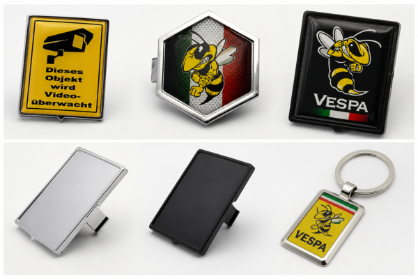 Vespa Piaggio Zubehör-Kollektion mit Emblemen, Halterungen, Schlüsselanhänger und Ansteckern in einer übersichtlichen Produktcollage.