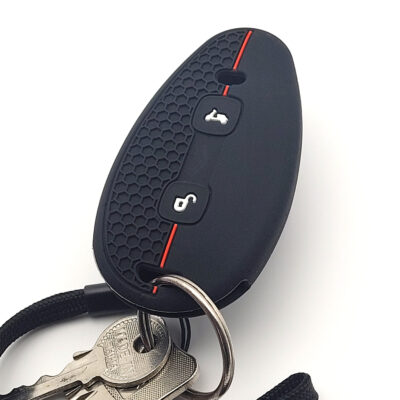 Schwarze Vespa Keyless Schlüsselhülle mit Wabenstruktur, roten Zierlinien und Aussparungen für zwei Bedientasten.