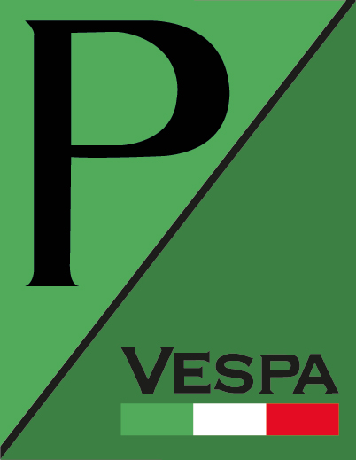 Grünes Vespa P Emblem mit schwarzem P-Schriftzug, diagonaler Trennlinie, Vespa-Schriftzug und italienischer Flagge – VE-750.