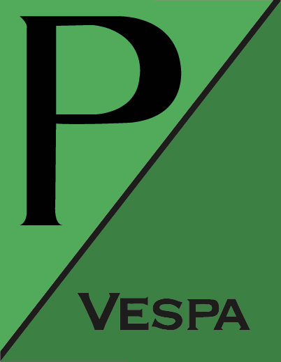 Grünes Vespa P Emblem-Motiv ohne italienische Flagge mit schwarzem P-Schriftzug, diagonaler Trennlinie und Vespa-Schriftzug – VE-751